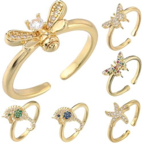 2021 New Romantic Thin Open Ring Animal Butterfly Bee Adjustable Jewelry Copper Gold Color Micro Pave Zircon Rings For Women