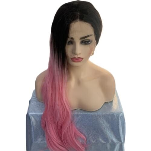 Black Pink Wigs Straight Mix 2 Color Wigs Dark Roots to Pink Style Hair Wigs for Women Heat Resistant Fiber Cosplay Halloween