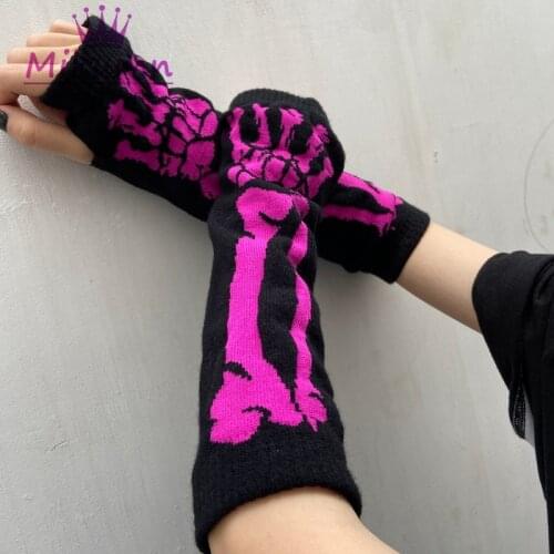 Harajuku Punk Style Black Skull Half Finger Long Glove Women Knit Length Sleeve Retro Gothic Fingerless Gloves Streetwear