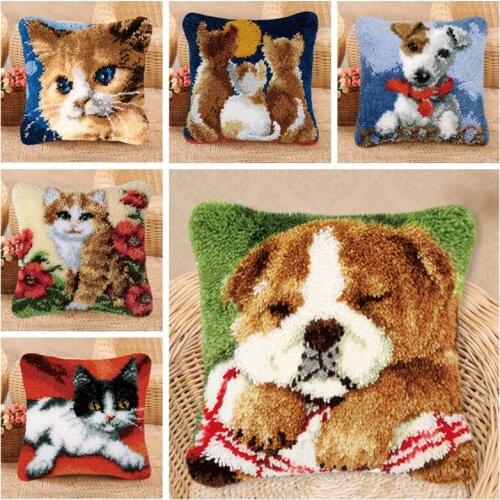 Cat And Dog Latch Hook Pillow Knooppakket Smyrna Klink Haak Kleed Bloemen Cross Stitch Pillows Embroidery Package Pillow Gifts