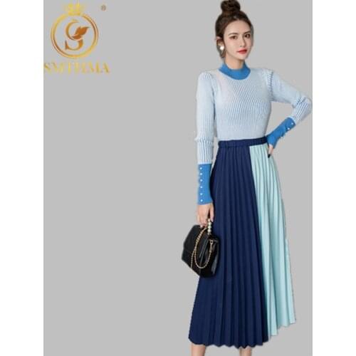 SMTHMA 2021 New Autumn Winter Women Elegant Sweater Pullover + Pleated Patchwork Skirt 2 piece Set Women Sweater Suit