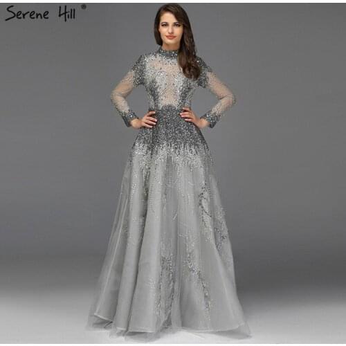 Muslim Grey Luxury Long Sleeves Evening Dresses 2020 Latest Design Crystal High Neck Evening Gowns Serene Hill DLA60975