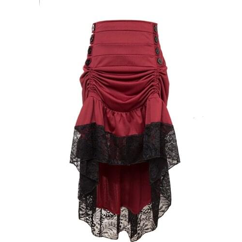 Women Plus Size Solid Lace Panel Punk Gothic Skirt Ladies Button Autumn Winter High Low Irregular Vintage Party Skirts