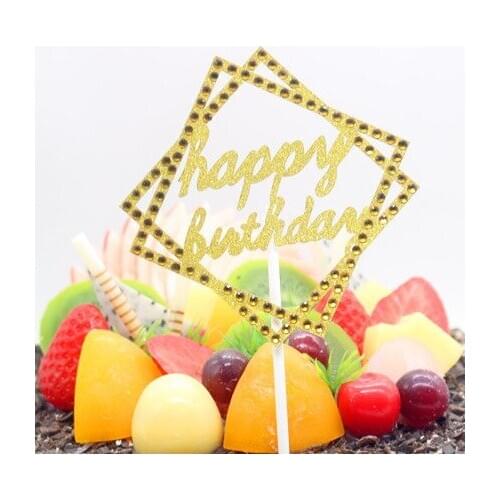 1pc Shiny Crystal Cake Toppers Happy Birthday Geometric Square Gold Silver Paper Board Cake Flag Birthday Party Cake Decor