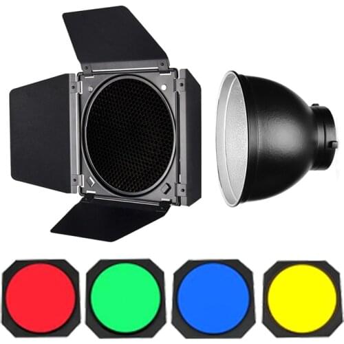 Studio Godox Large Barn Door Honeycomb Grid 4-Color Gel Filter + 7"/18cm Bowens Standard Reflector for Strobe Flashlight
