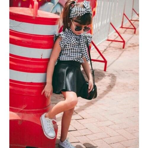 2021 Fashion Girls Summer Clothes Three-piece Baby Skirt Set Plaid Flying Sleeve Top+Leather Skirt+Bow Outfit Kids Clothing