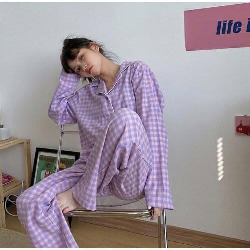 Pajamas Women Pyjama Sets Purple Grid Cute Sleepwear Long Sleeve Trousers Autumn Winter Nightwear Comfortable Lady Homewear Suit