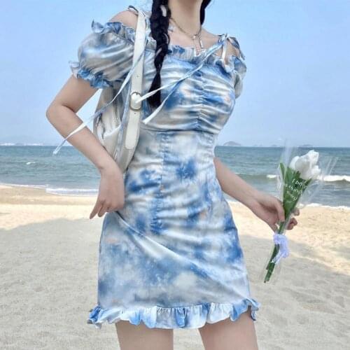 Summer Dress Women Dresses Bodycon Women Dress Floral Slim Summer Ruffle Hem Pleated Bust Blue Dress sling Holiday dress 2021