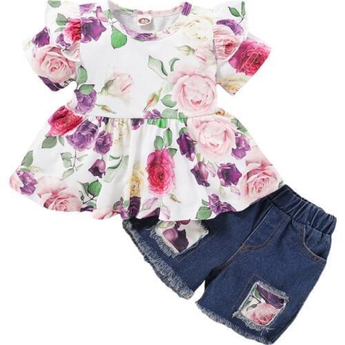 HOT Kids Girls Clothes Set Baby Girl Summer Short Sleeve Floral T-Shirt + Short Denim Pant 2PCS Outfit Children Clothing Set1