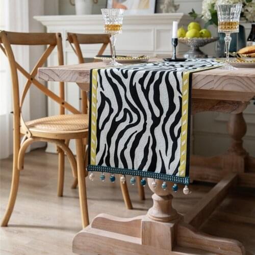 DUNXDECO Zebra Table Runner Party Long Table Cover Luxury White Black Animal Collection Jacquard Soft Chenille Fabric Desk Decor