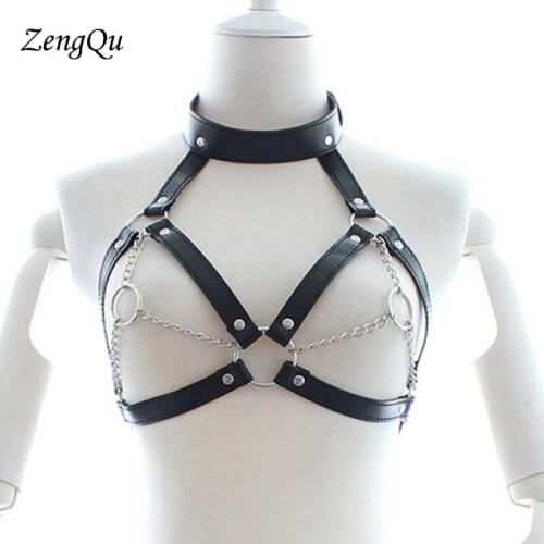 New Women Sexy Faux leather material harness for chest sculpting chest belt leather suspenders punk O-ring with Metal chain belt
