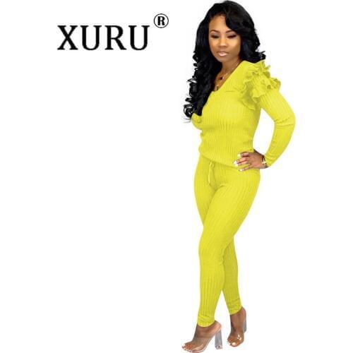 XURU New Hot Autumn Womens Jumpsuit Two-piece European and American Sexy Wood Ear Casual Jumpsuit Suit