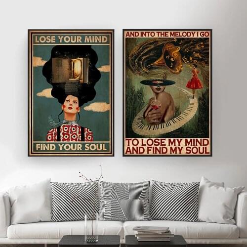 Music Girl Mental Health Poster Lose My Mind and Find My Soul Positive Art Print African Woman Vintage Canvas Painting Home Deco
