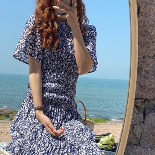 Sannian Women Dress Summer 2020 Korean Summer Floral Floral Round Neck Long Waist Slimming Short-sleeved Dresses Women Clothes