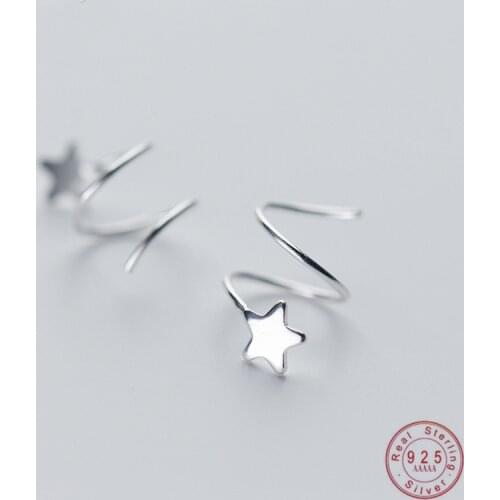 Genuine 925 Sterling Silver Pentagram Star Ear Bone Ear Buckle Rotating Wave Mini Stud Earrings for Women Personality Jewelrry