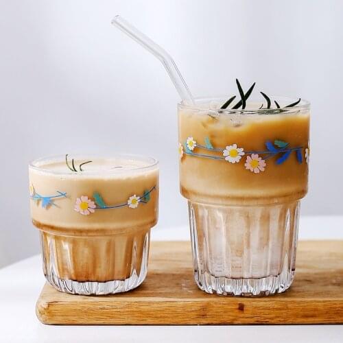 Ins Daisy Glass Cup Fresh Coffee Juice Cola Milk Tea Beer Wine Whiskey Glass Mug Hand-painted Style Flower