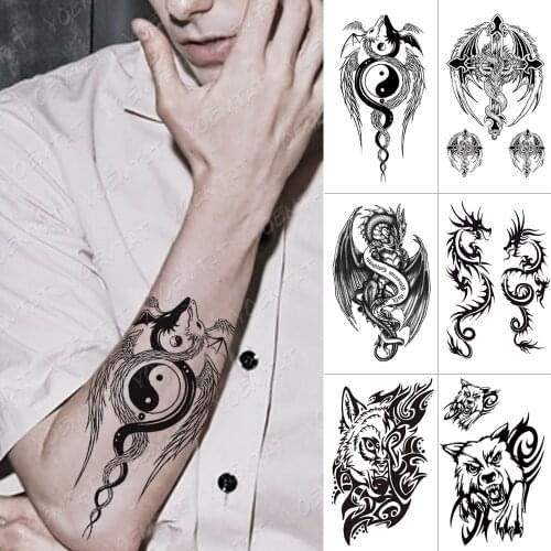 Waterproof Temporary Tattoo Sticker For Adult Yin Yang Dragon Feather Wings Flash Tattoos Wolf Totem Body Art Arm Fake Tatoo Men