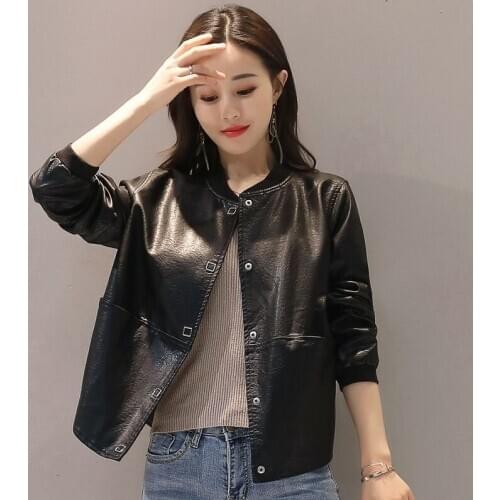 2021 Spring Autumn New Women Slim Short Pu Leather Jacket O-neck Single-breasted Black Red Caramel Brown Colors Female Coat Y621