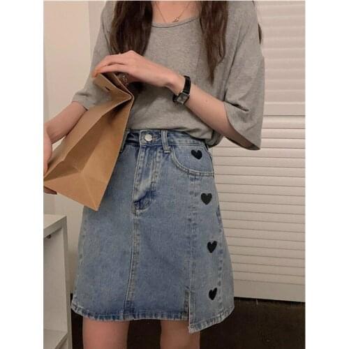 Large Size High Waist Love Embroidered Denim Skirt Women 2021 New Fashion Split Ends All-match A-line Skirt