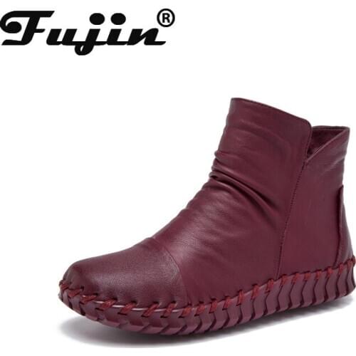 Fujin 2021 Genuine Leather Winter Autumn Fashion Boots Slip on Women Boots Botas Ankle Boots for Women Soft Shoes Snow Boots