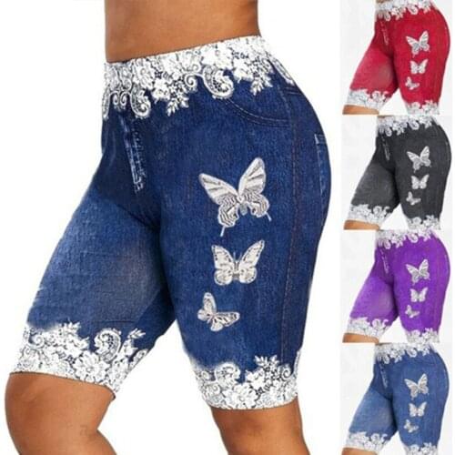Women Pants Shorts Leggings Summer Fake Denim Ladies Short Pants Summer Floral Printed High Waist Female Shorts Plus Size