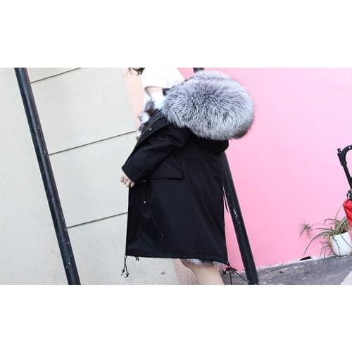 Womens Luxury Large Raccon fur Collar Winter Fur Coat Natural Fox Fur Liner Parkas Overcoat Plus Size 2XL LX1035