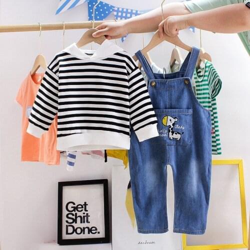 Spring Autumn Baby Boys Girls Clothes Infant Cotton Strips hoodies denim Bib Pants 2pcs/sets Kids Garment Children Casual sets