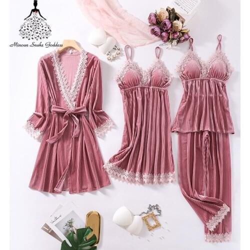 4PCS Pajamas Set For Women Sleepwear Warm Winter Nightwear Pyjama Gold Velvet Home suit Sleeveless Pijama