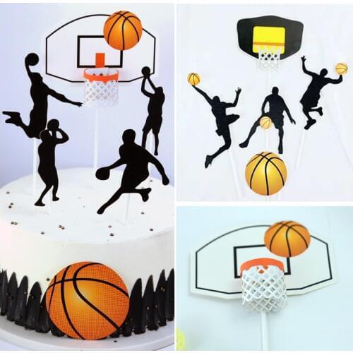 5 pcs Paper glitter basketball Cake Toppers Basketball player cake dessert Adorn card Flags Decor Cake Baking DIY Party Supplies