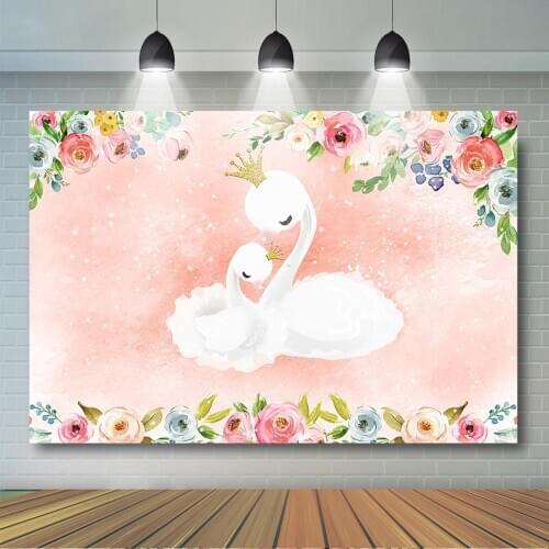 Swan Backdrop for birthday Decoration Girl Baby Shower Birthday Party Banner Swan Floral Pink Background