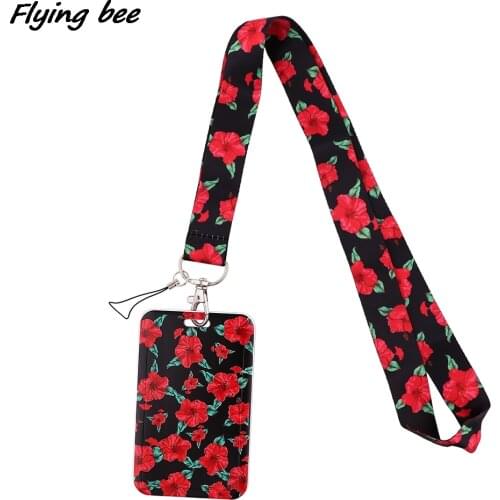 Flyingbee X1732 Red Hibiscus Flower Lanyard Credit Card ID Holder Bag Student Women Travel Bank Bus Business Card Cover Badge