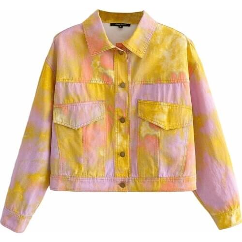 FNOCE womens jeans jackets winter new fashion trends casual tie-dye long sleeve Turn-down Collar slim short denim jackets caot