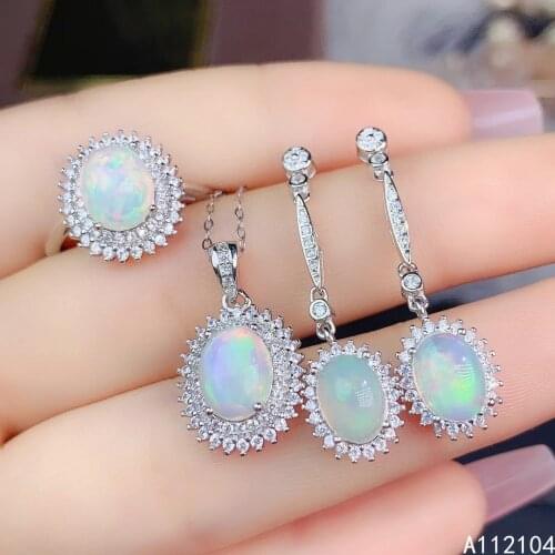 KJJEAXCMY fine jewelry 925 sterling silver natural opal women exquisite fashion oval gem earrings ring pendant suit support dete