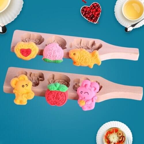 Cartoon Wooden Moon Cake Mold Pastry Baking Tool for Making Mung Bean Ice Skin H58C