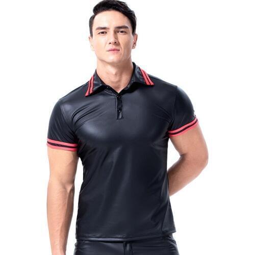 Mens PU Leather Black Striped Blouse Slim Fit Short Sleeve Turn-down Collar Shirt Mens Clothing Cool Mens Casual Shirts 2019