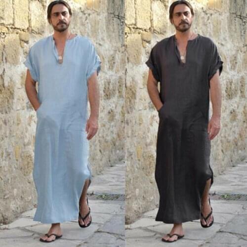 Mens Ethnic Robes Shirt Islamic Muslim Middle East Maxi Long Kaftan Jubba Thobe Plus Size Retro Loose Men Dress Short Sleeve