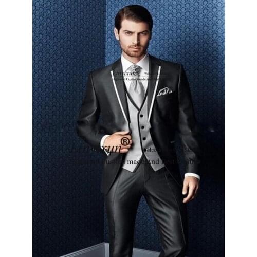 2021 Cheap New Arrival Groom Tuxedos Notch Lapel Mens Suit Shiny Black Groomsman Wedding/Prom Suits(Jacket+Pants+Vest)