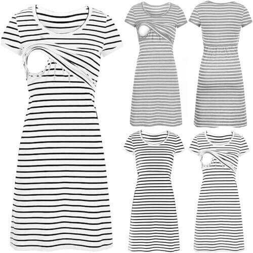4# Fashion Pregnancy Dress Women O-neck Pregnant Nursing Maternity Short Sleeve Stripe Summer Dresses Zwangerschaps Kleding