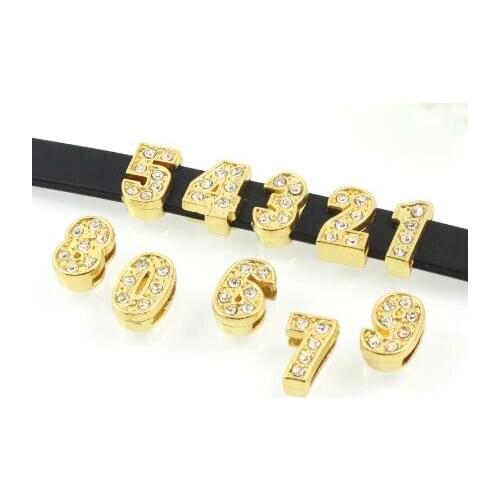 100pcs/lot 8mm 0-9 gold color number slide charms fit for 8mm diy keychains wristband