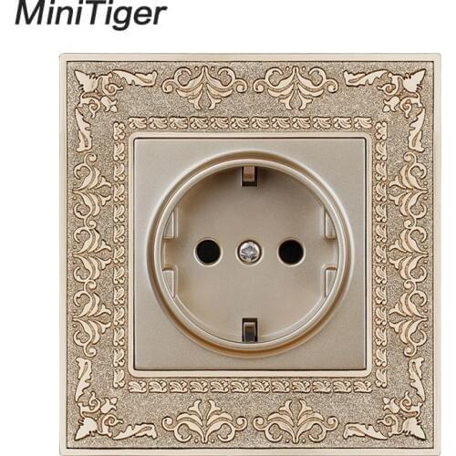 Minitiger 16A EU Standard Gold Power Socket 4D Embossing Retro Zinc Alloy Panel Wall Power Socket AC 110~250V