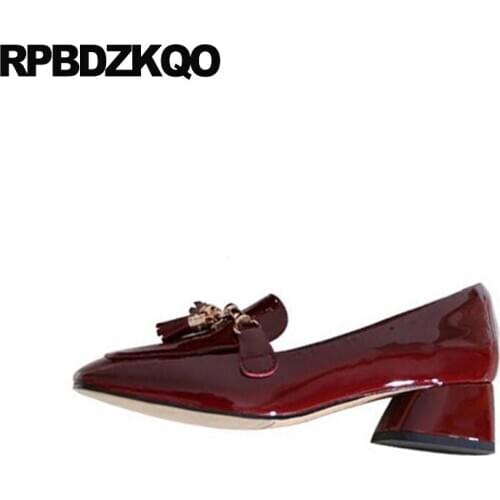 Medium heels wine red fringe 2019 patent leather block square toe thick high quality genuine pumps luxury shoes women designers