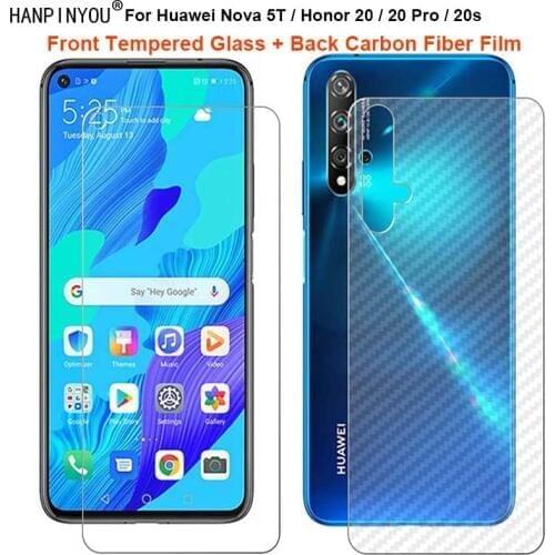 For Huawei nova 5T Honor 20 Pro 20s 1 Set = Back Carbon Fiber Film Sticker + Premium Tempered Glass Front Screen Protector