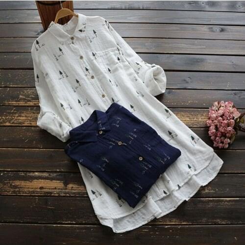 5628 New Spring Women Blouse Simple Japan Style Printing Long Sleeve Turndown Collar Cotton Blouse Women Literary Shirt Top