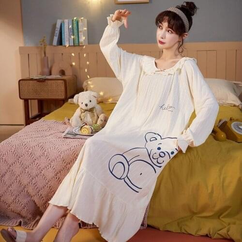 Autumn Women Cotton Homedress Nightdress Long sleeve Nightgowns One-piece Dress Sleepwear Large Size Loose Fashion Home Clothing