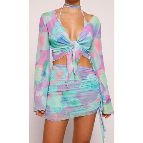 SKMY Summer New Women Summer Clothing 2021 Sexy Mesh Tie Front Top Cross Print Flared Sleeve Pleated Skirt Set Two Piece Outfits