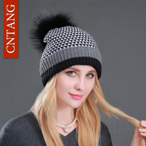 Women Dot Hat Winter Warm Plus Velvet Knitted Cap Beanies Natural Raccoon Fur Pompom Hats For Womens Fashion Casual Caps
