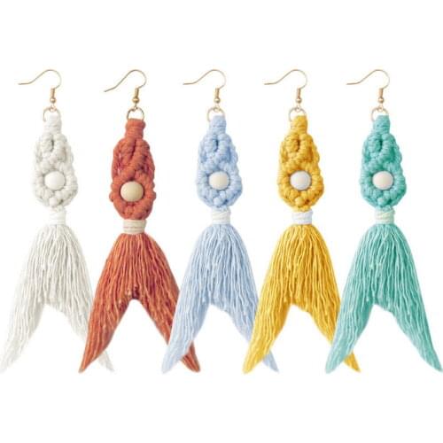Natural Wood Beads Weave Cotton Mermaid Earrings for Women 2021 Fall Long Tassel Statement Earrings Jewelry Free Shipping