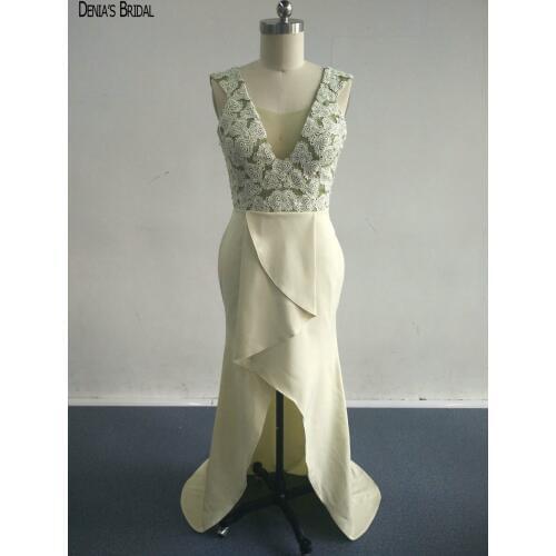 2017 Mint Mermaid Evening Dresses V Neckline Floor Length Sleeveless Appliques Beaded Party Prom Gowns