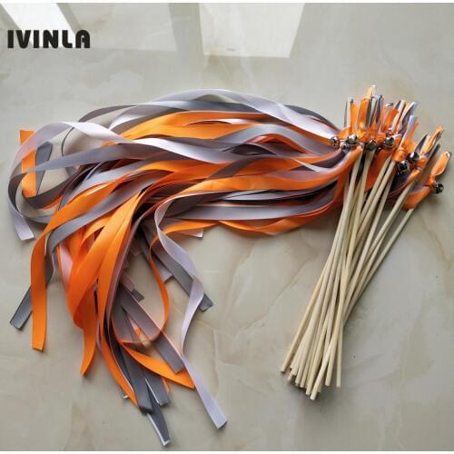 50pcs/lot orange and grey wedding ribbon wands with gold bell for wedding decoration