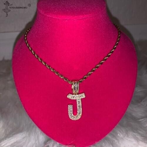 A-Z Gold Color Baguette Initials Letters Hip Hop Pendant Bling Rope Chain Mens Women Necklace Chain Rock Jewelry Accessories